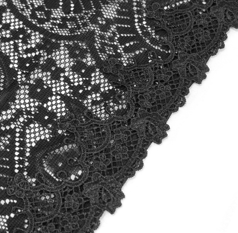 Close-up of elegant black lace fabric with intricate patterns, perfect for gothic or vintage-style clothing.