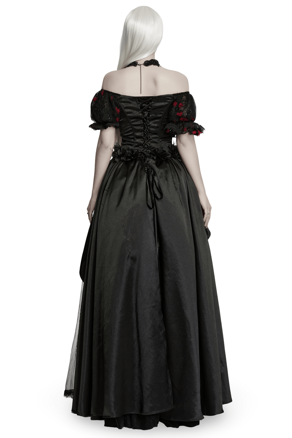 Gorgeous Rose Dress with Victorian Lace and Floral Details showcased from the back, highlighting intricate lace details.