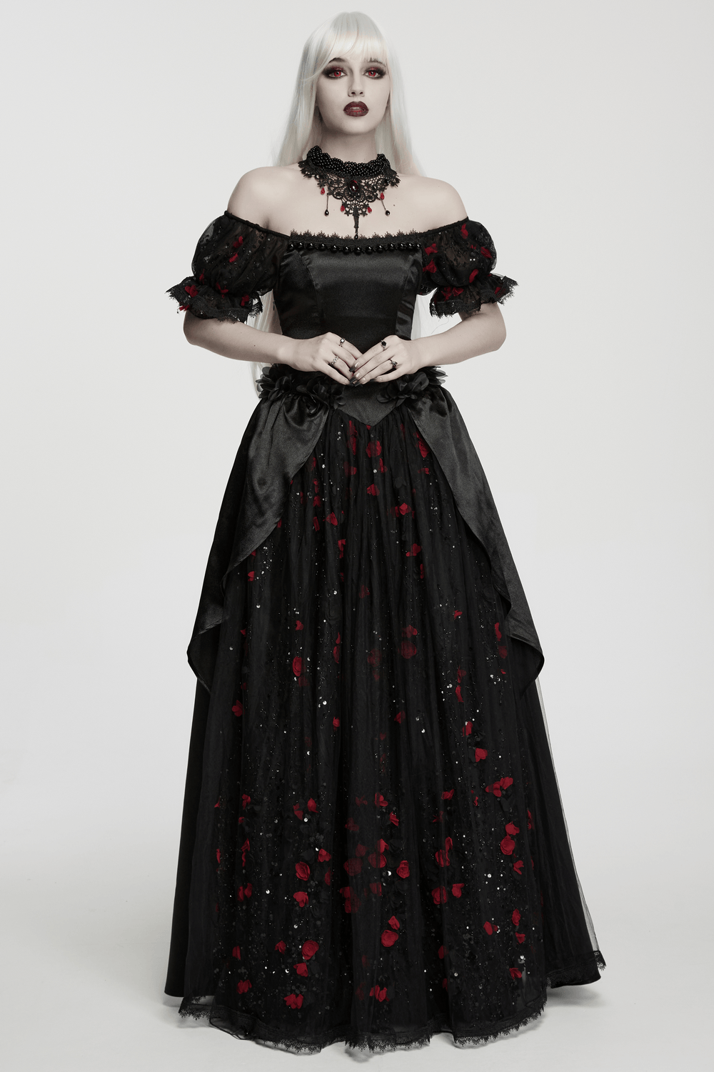 Gorgeous Rose Dress with Victorian Lace and Floral Details displayed on a model, emphasizing the lace and floral design.