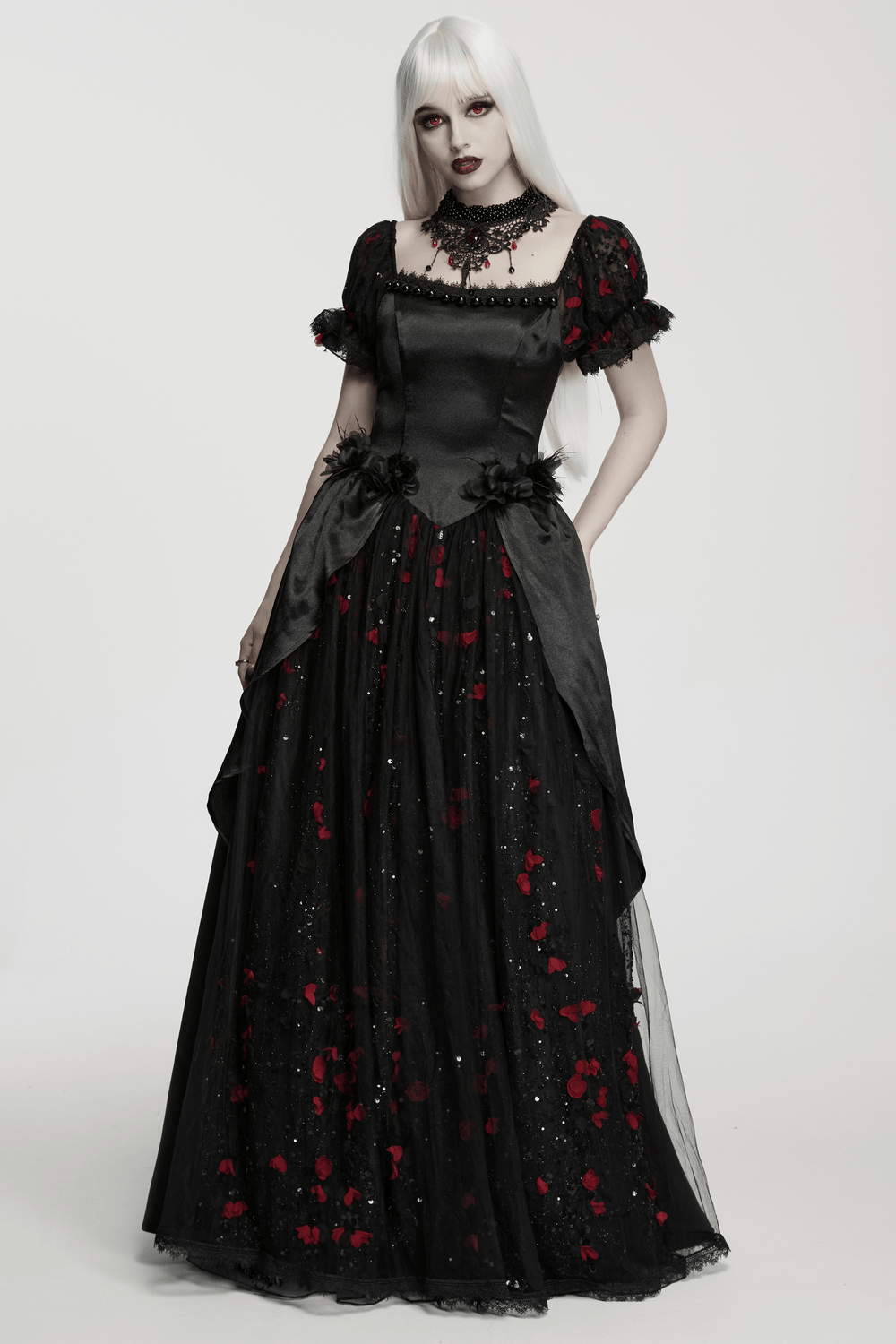 Gorgeous Rose Dress with Victorian Lace and Floral Details worn by model with long white hair and black accessories