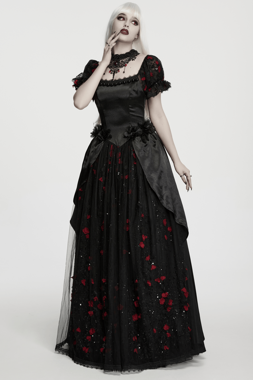 Gorgeous Rose Dress with Victorian Lace and Floral Details in black with red floral accents.