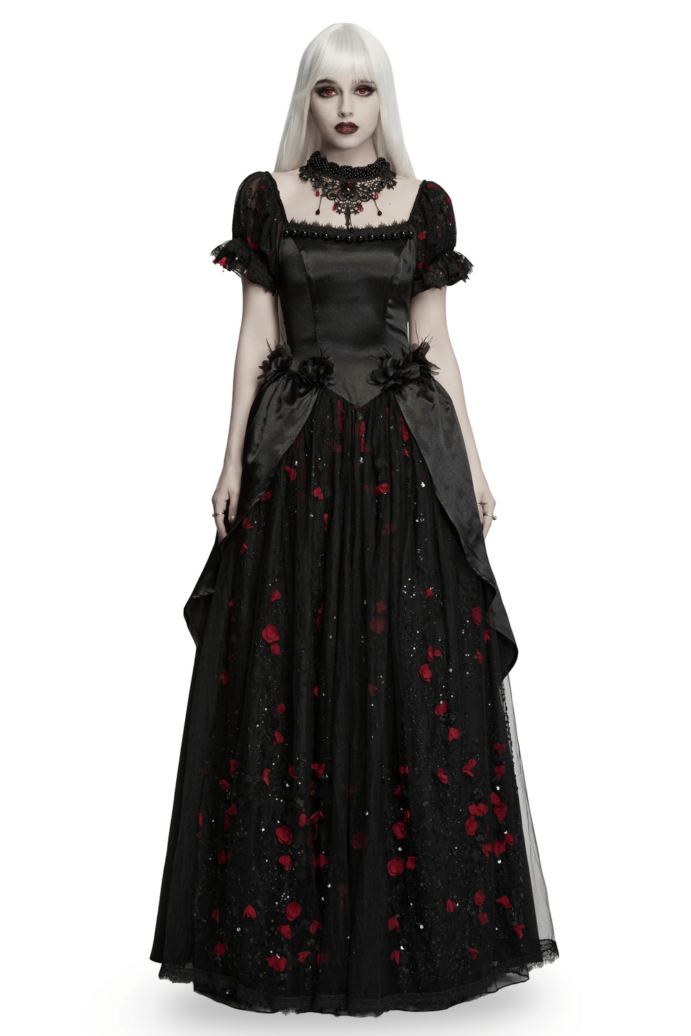 Gorgeous Rose Dress with Victorian Lace and Floral Details in black with red rose decorations.