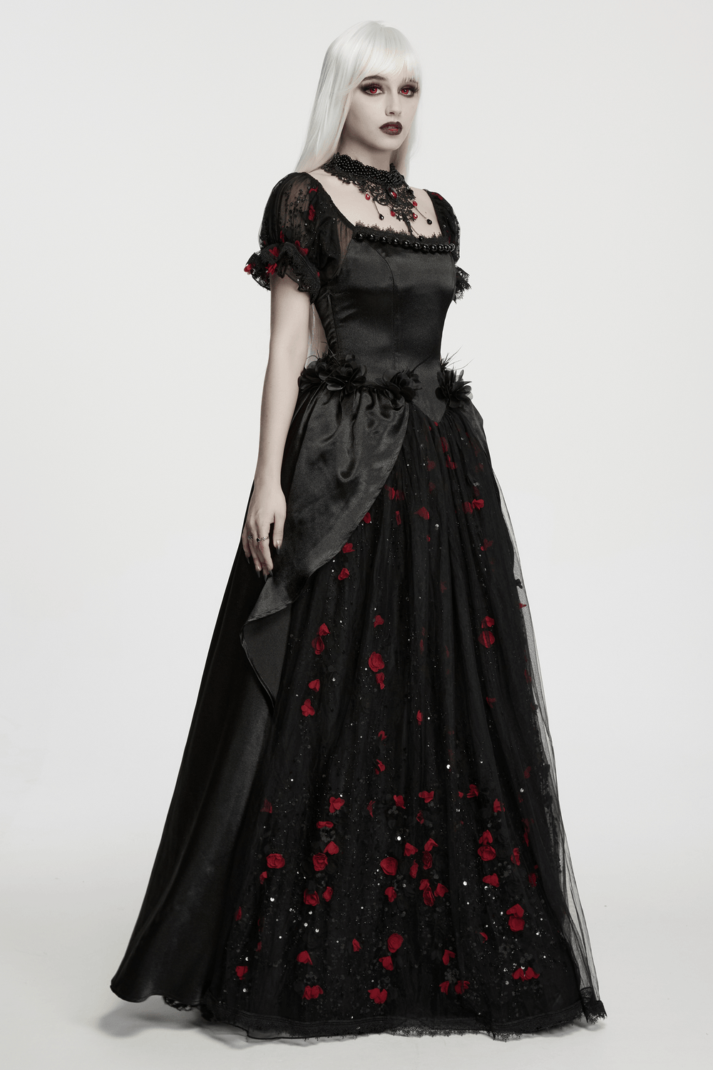 Gorgeous Rose Dress with Victorian Lace and Floral Details showcased on a model with a dramatic look.
