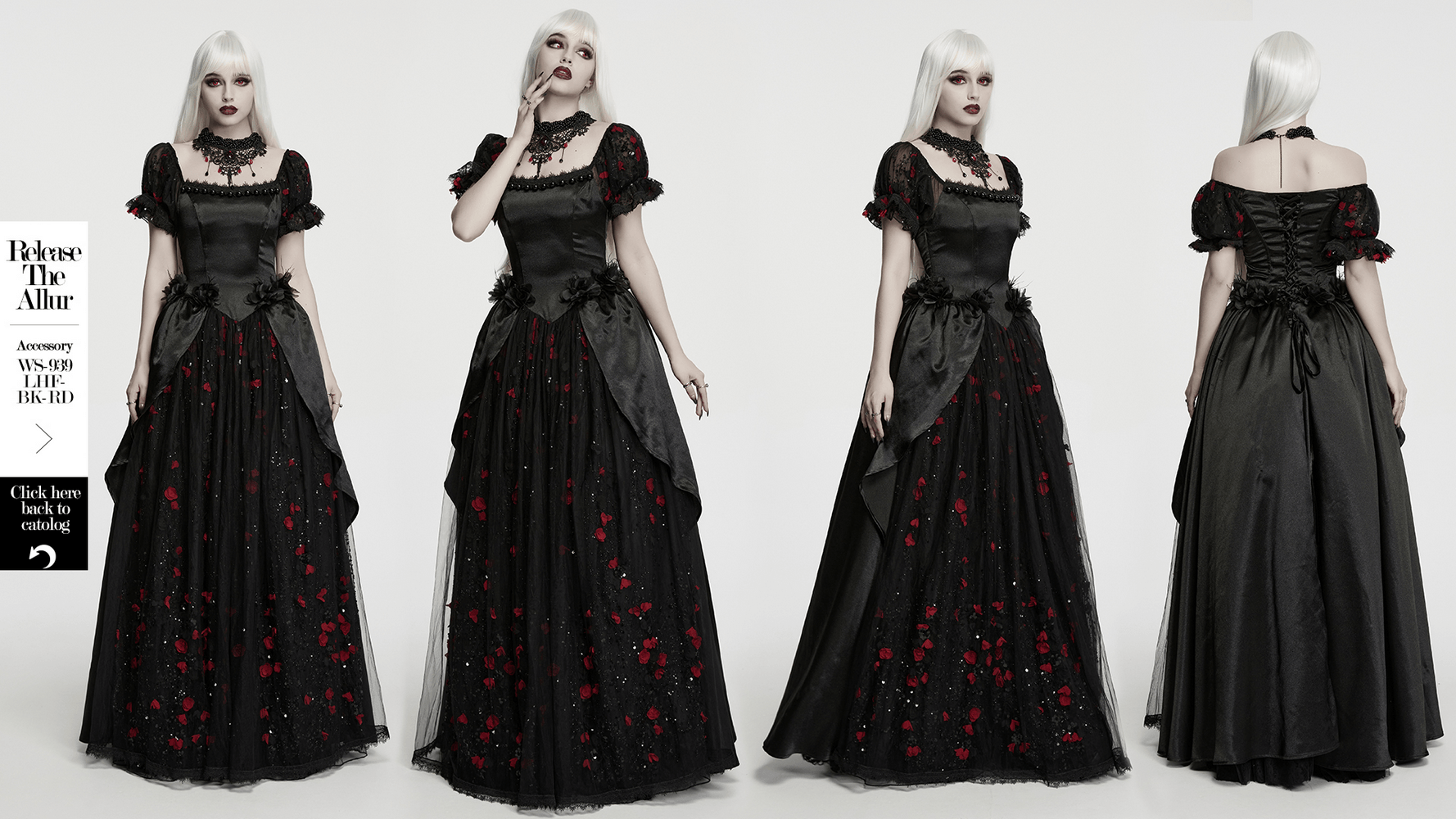 Gorgeous Rose Dress with Victorian Lace and Floral Details showcased in elegant black with red floral accents.