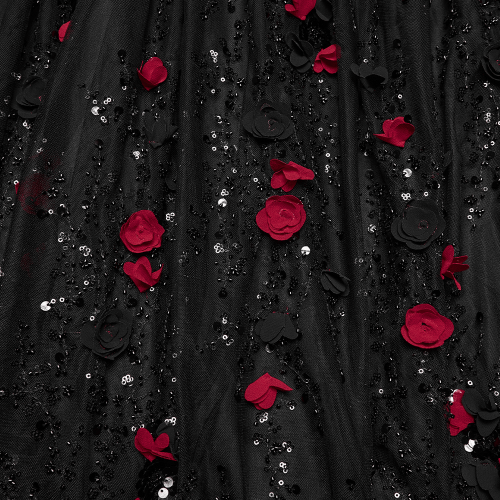Gorgeous Rose Dress with Victorian Lace and Floral Details featuring black fabric and red floral embellishments.