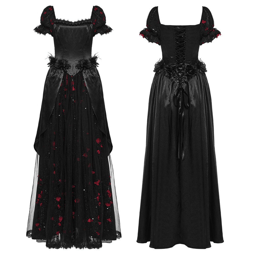 Gorgeous Rose Dress with Victorian Lace and Floral Details in black with red floral accents and elegant lace features.