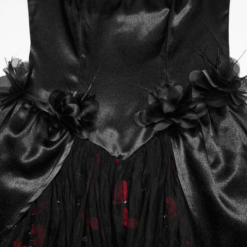 Gorgeous Rose Dress with Victorian Lace and Floral Details featuring intricate floral accents and striking satin fabric.