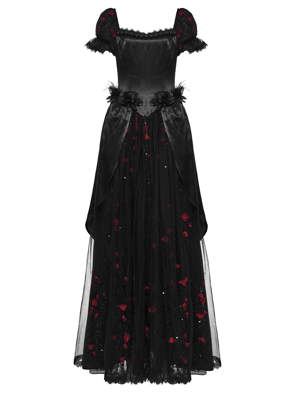 Gorgeous Rose Dress with Victorian Lace and Floral Details, showcasing lovely floral embroidery and flowing black fabric.