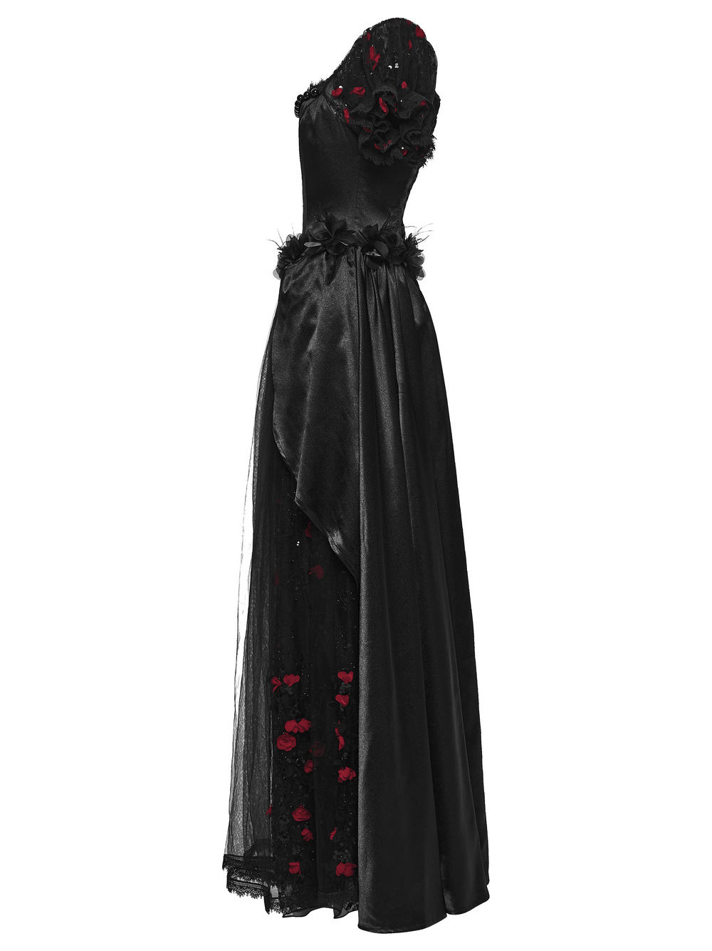 Gorgeous Rose Dress with Victorian Lace and Floral Details showcased in elegant black with intricate floral designs.