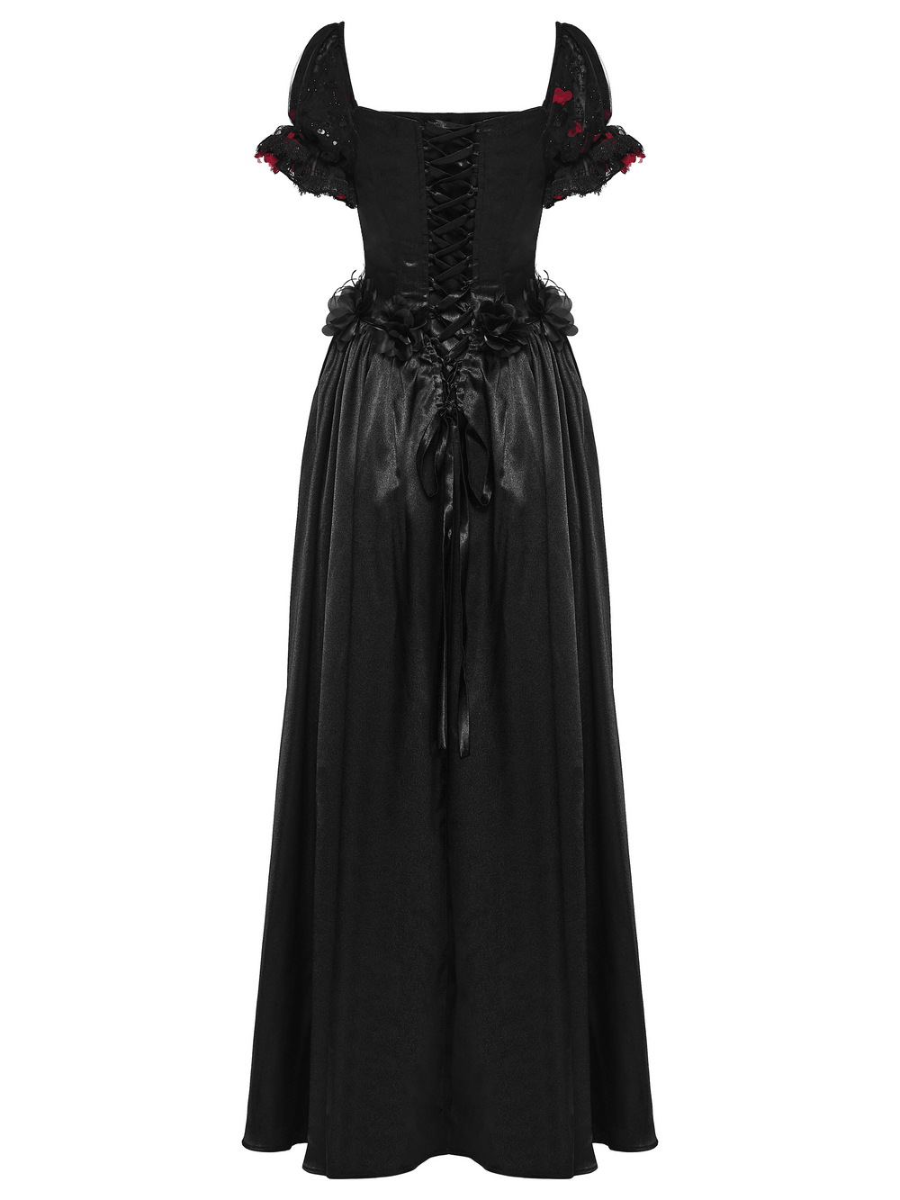Gorgeous Rose Dress with Victorian Lace and Floral Details in elegant black with lovely lace puffs and floral accents.