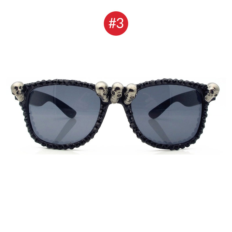 Gorgeous women's black skull rhinestone sunglasses with cat-eye frame and gothic design, perfect for stylish accessories.