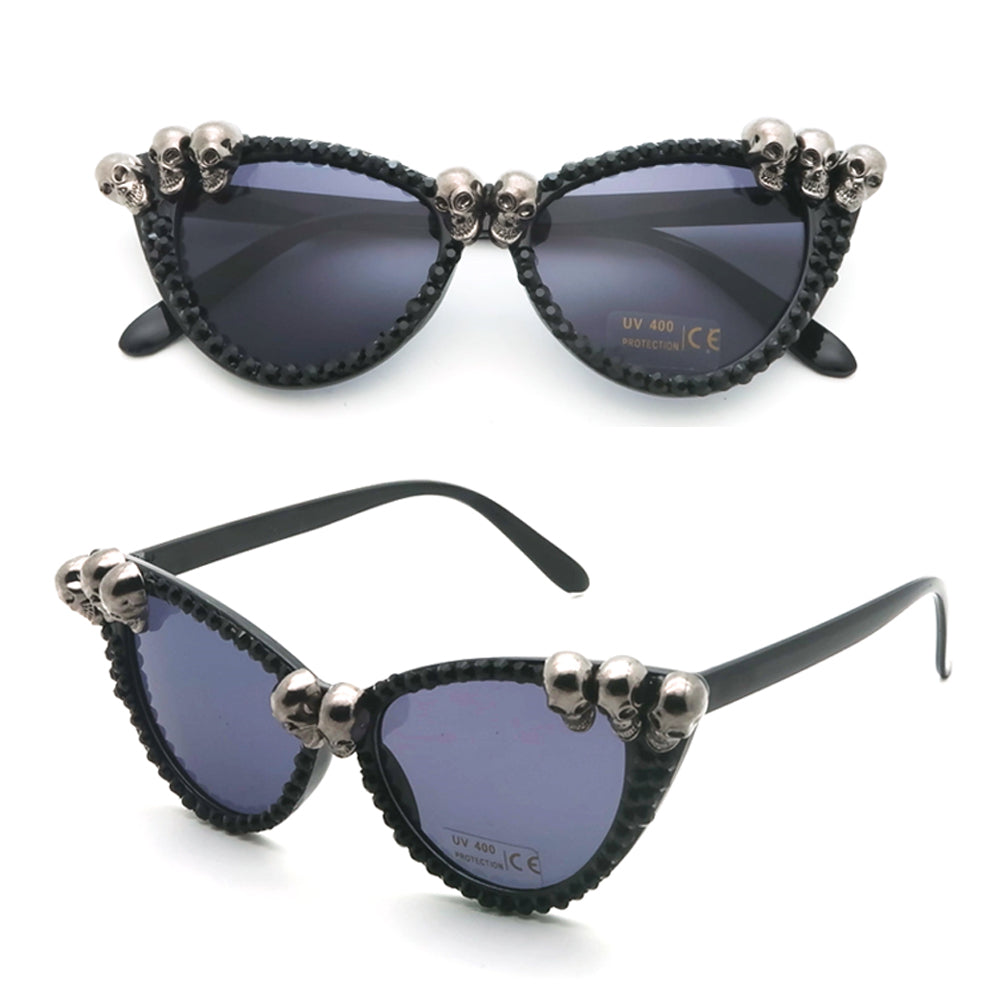 Gorgeous women's black skull rhinestone cat-eye sunglasses with anti-reflective lenses and stylish gothic design.