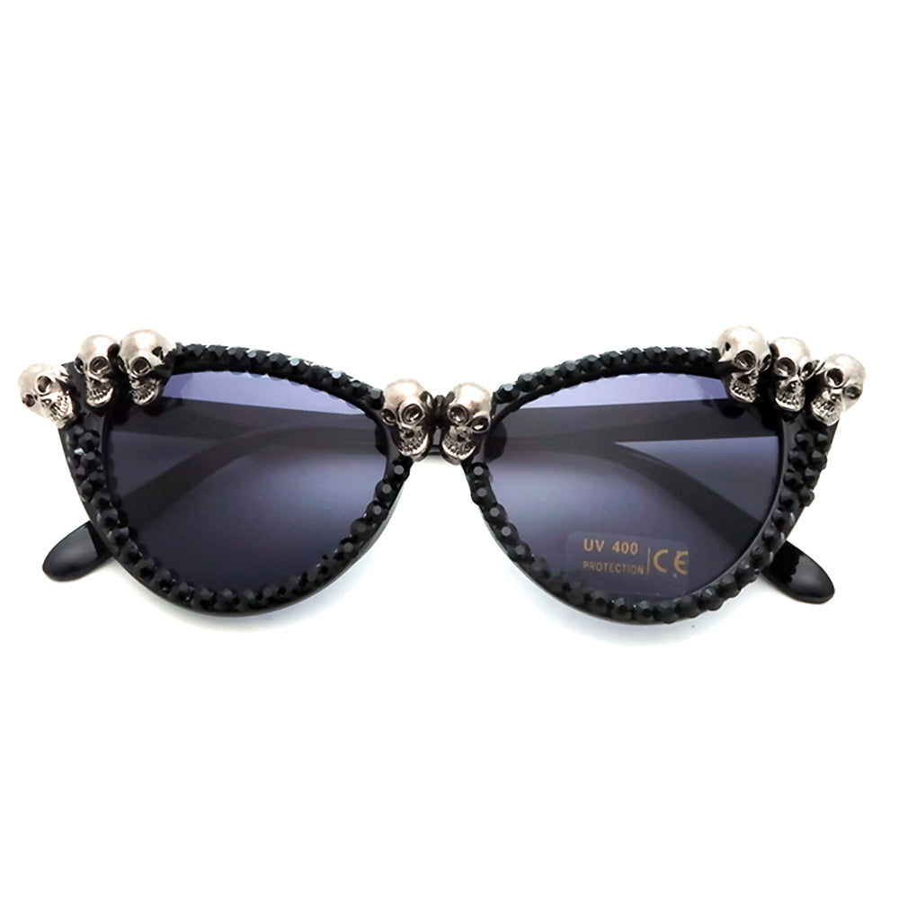 Gorgeous women's black skull rhinestone sunglasses with cat-eye style, perfect for gothic fashion lovers.