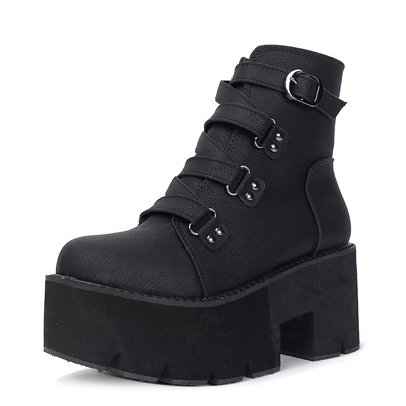 Goth Boots Women Platform Ankle Rubber Sole Buckle Black PU Punk Rock Style Spring Autumn Shoes - HARD'N'HEAVY