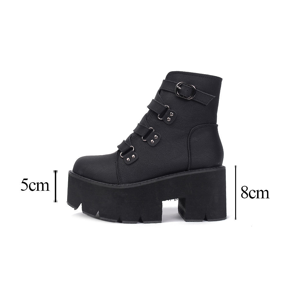 Goth Boots Women Platform Ankle Rubber Sole Buckle Black PU Punk Rock Style Spring Autumn Shoes - HARD'N'HEAVY