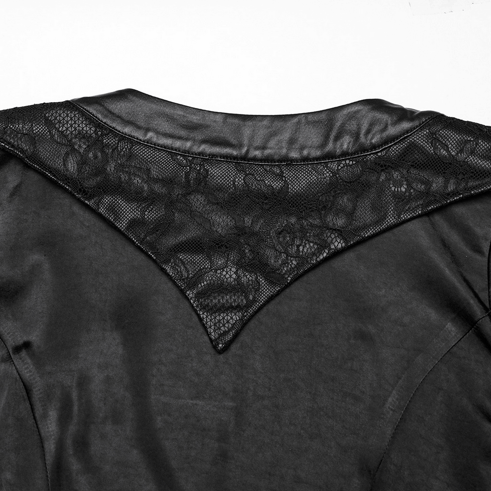 Back view of Goth kimono showcasing intricate lace detail and sleek lapel collar for a dramatic look.