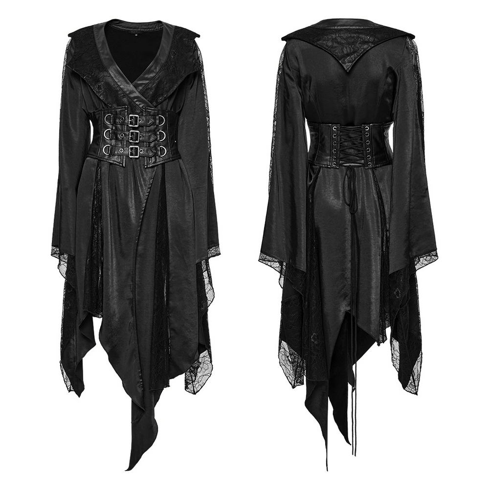 Gothic asymmetric lapel kimono dress with lace, belted waist, and flowing silhouette, showcasing edge and elegance.