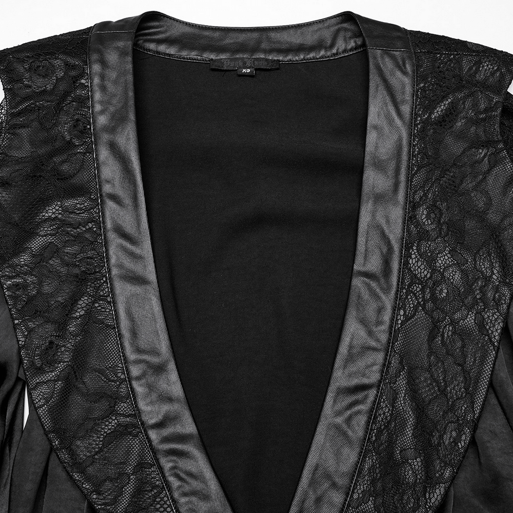 Close-up of the Goth Asymmetric Lapel Kimono featuring lace panels and a sleek lapel collar.