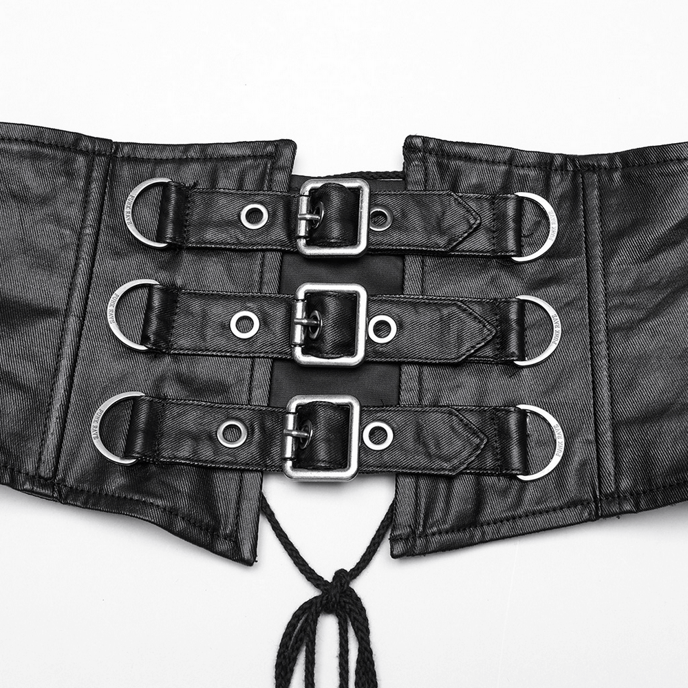 Close-up of stylish black corset belt with buckles and loops for an edgy gothic look.