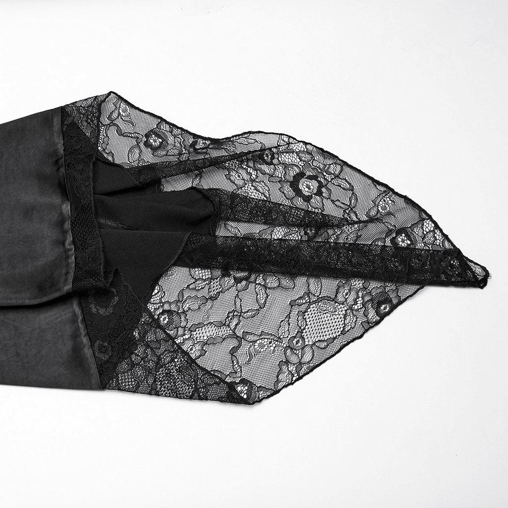 Gothic kimono sleeve featuring intricate lace detailing and sleek black fabric, perfect for a dramatic fashion statement.