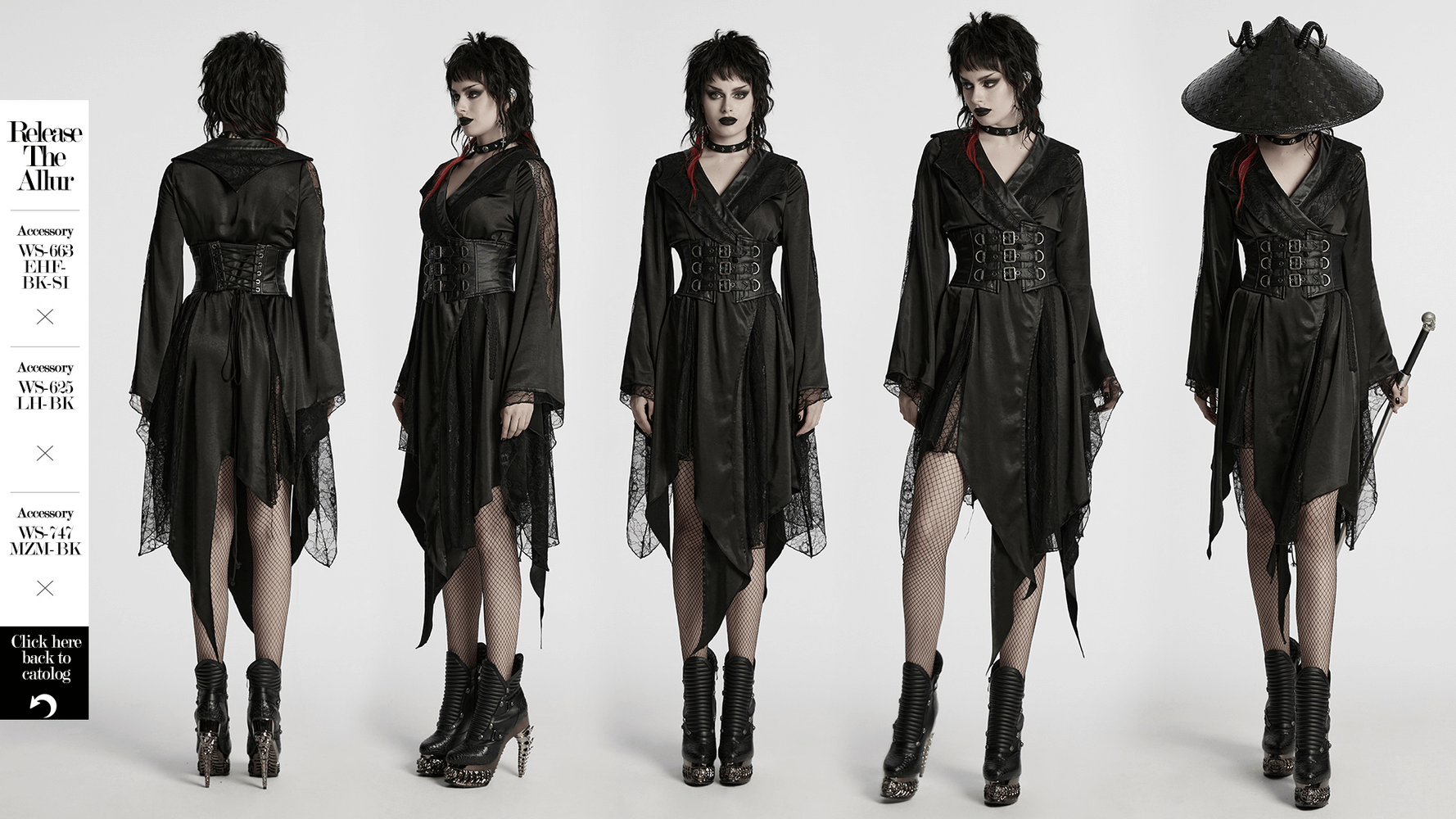 Goth Asymmetric Lapel Kimono dress with lace and belted waist, showcasing an edgy silhouette and sleek design.