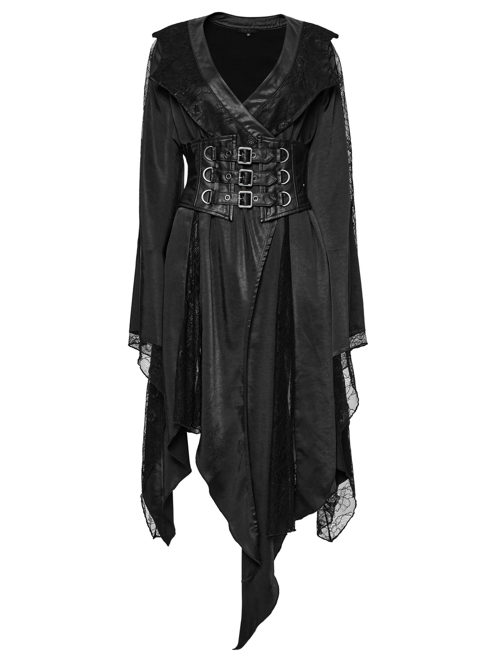 Gothic asymmetric lapel kimono with lace, buckle details, and a flowing silhouette.