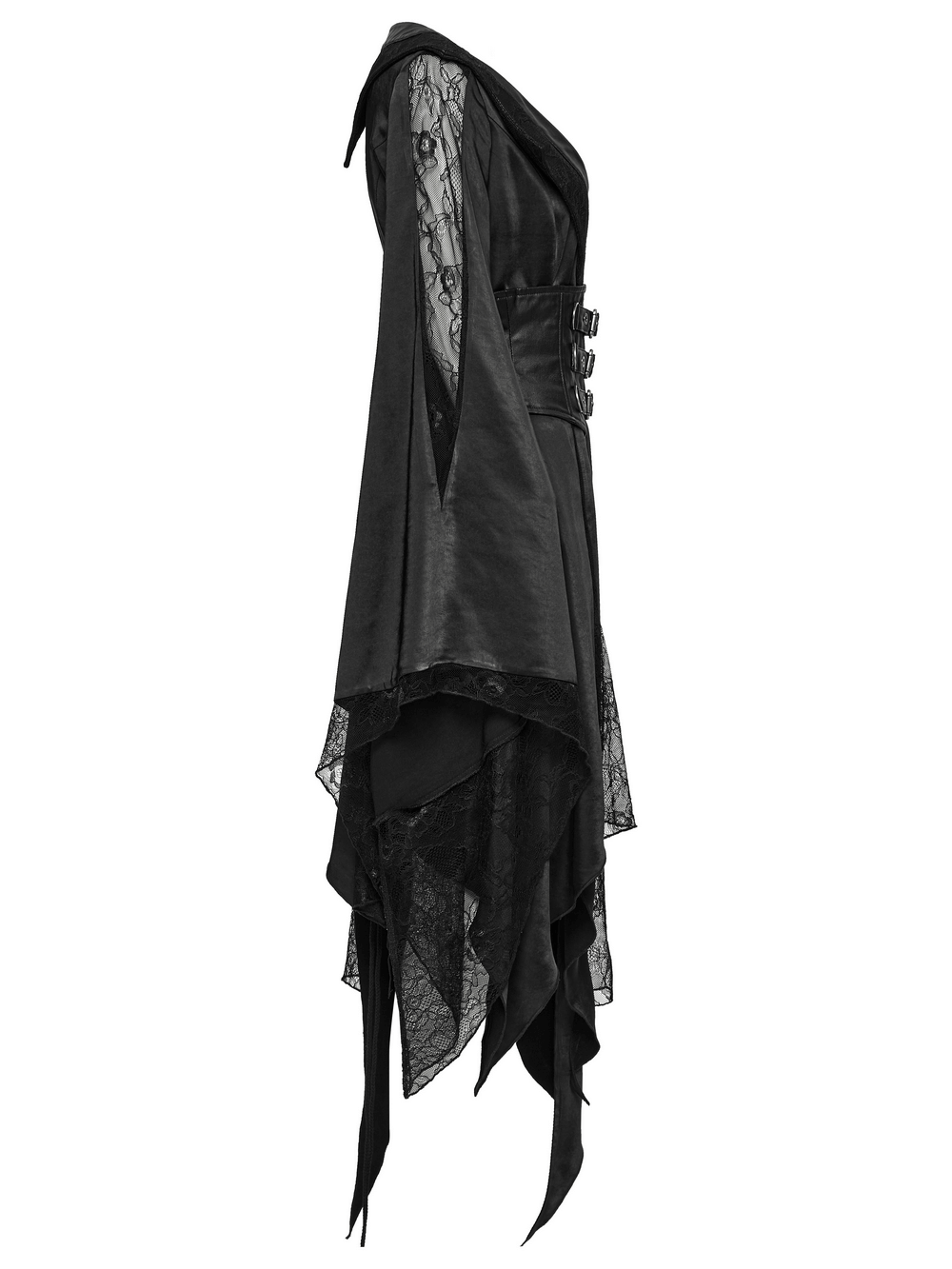 Gothic asymmetric lapel kimono dress with lace detailing and belted waist, showcasing an elegant yet edgy style.