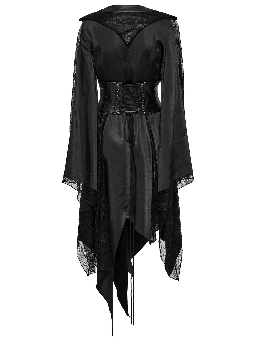 Gothic asymmetric lapel kimono dress with lace panels and belted waist, showcasing a dramatic silhouette.