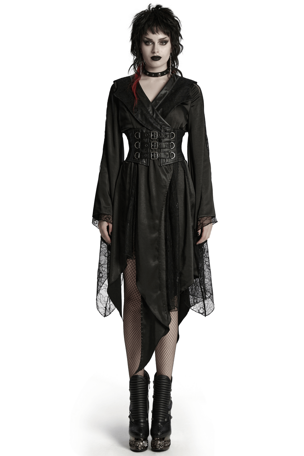 Gothic asymmetric lapel kimono dress with lace, belted waist, and flowing silhouette, perfect for a dramatic look.