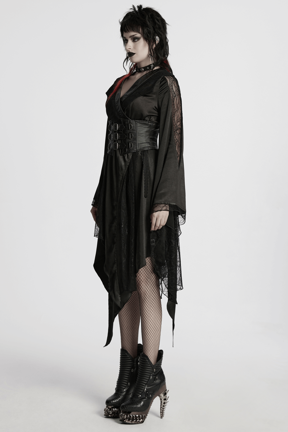 Gothic asymmetric lapel kimono dress with lace and belted waist, featuring a dramatic silhouette and edgy style.