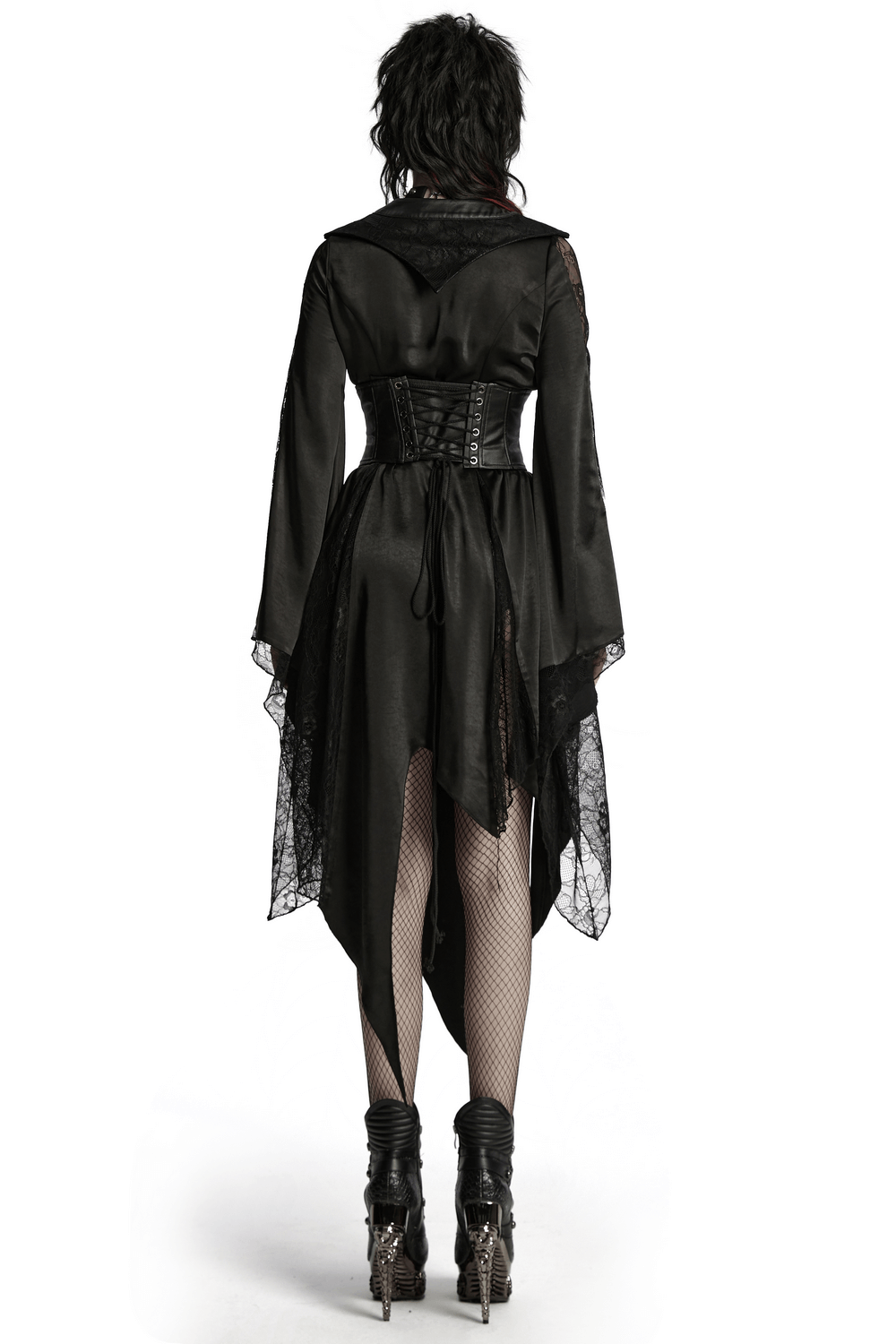 Back view of Goth Asymmetric Lapel Kimono with lace, showcasing a belted waist and flowing hemline.