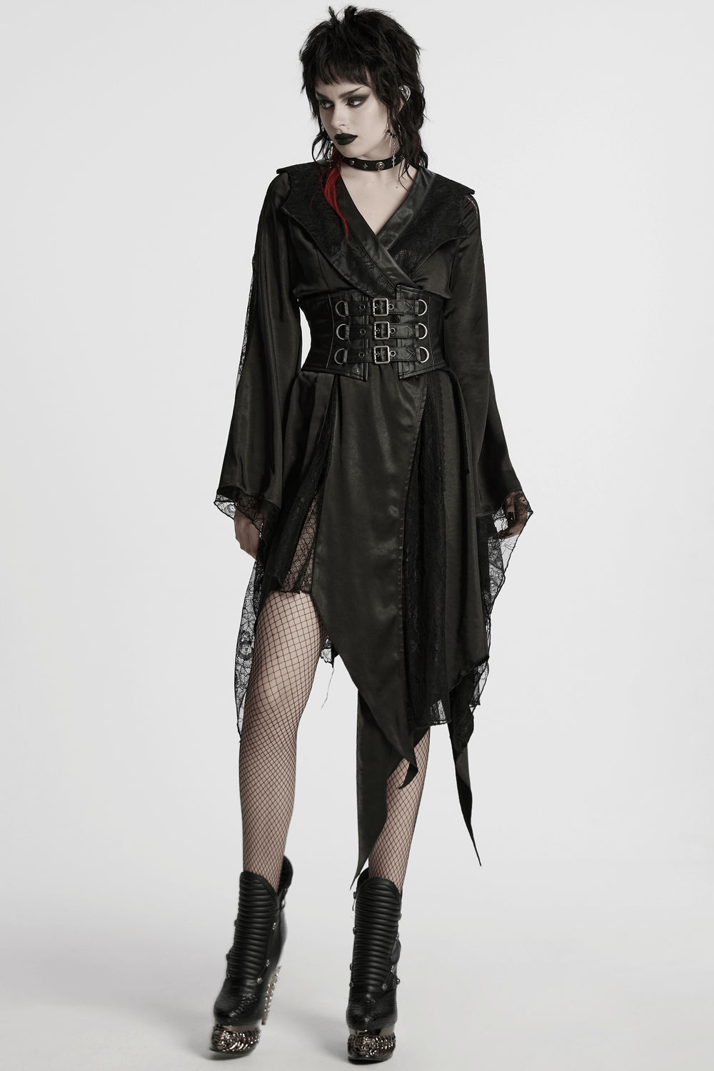 Goth Asymmetric Lapel Kimono dress with lace panels and belted waist for a striking gothic look.
