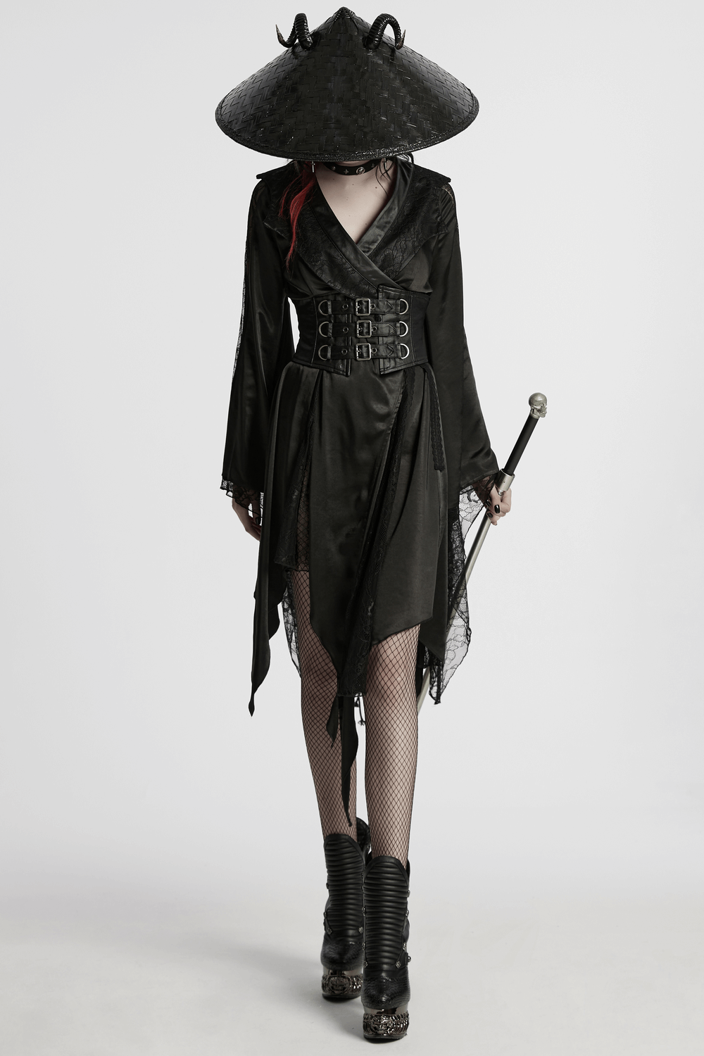 Gothic asymmetric lapel kimono with lace, belted waist, and dramatic hem, styled with fishnet and a traditional hat.