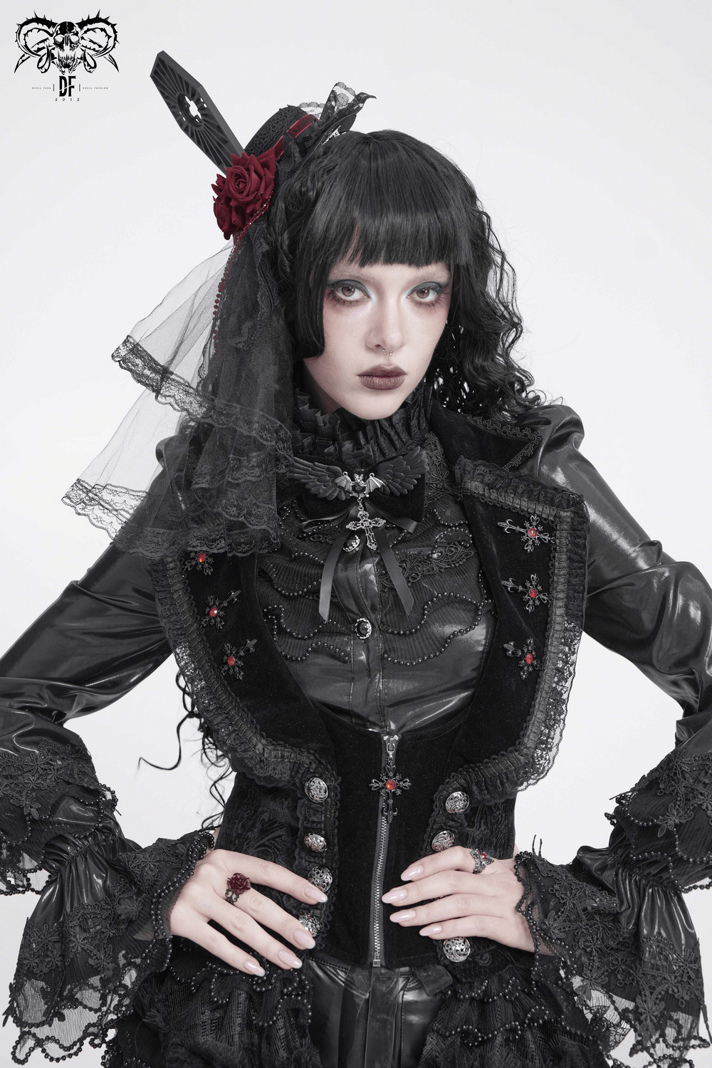 Goth Bat Wing Bow Brooch with Cross Pendant and Ribbon