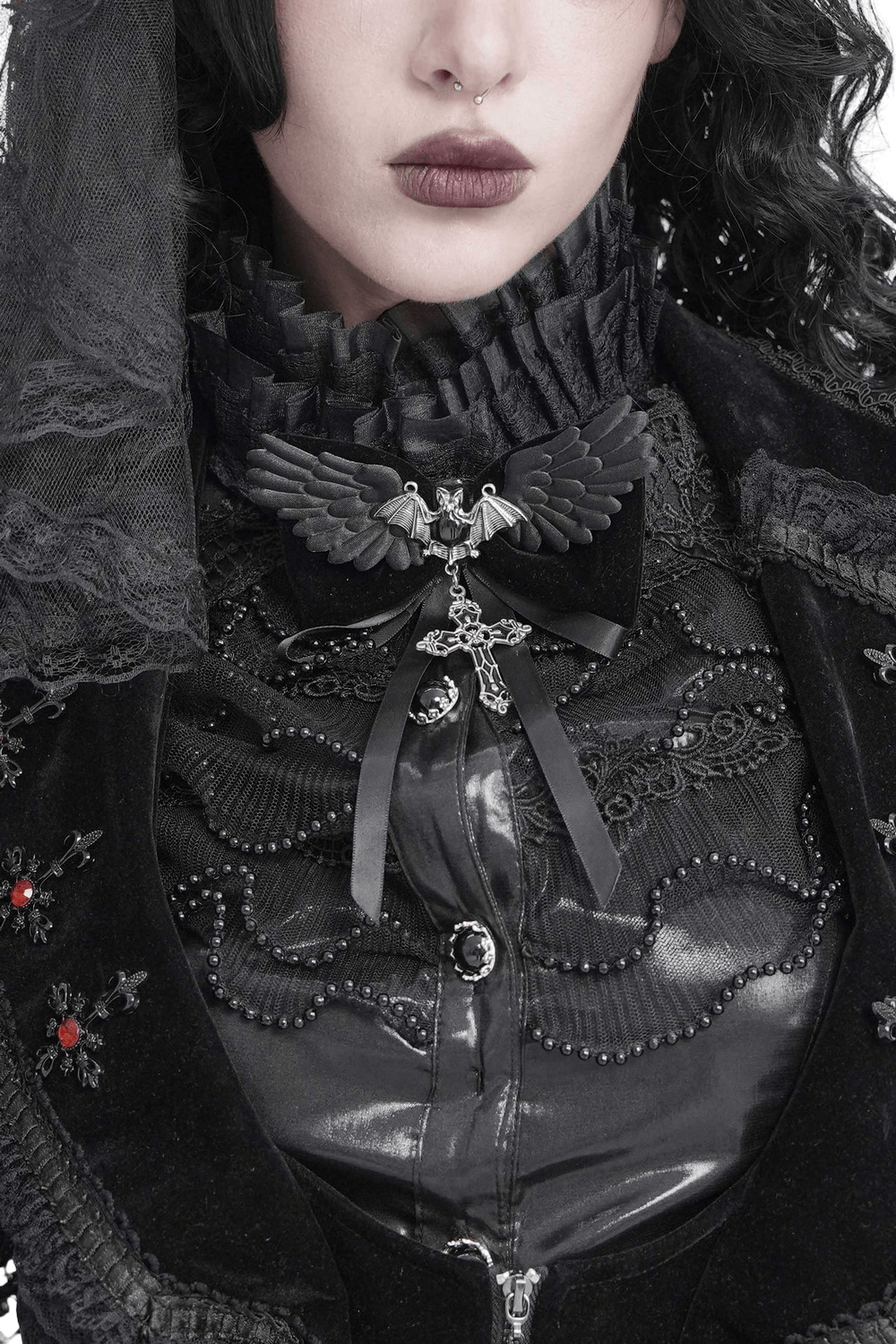 Goth Bat Wing Bow Brooch with Cross Pendant and Ribbon