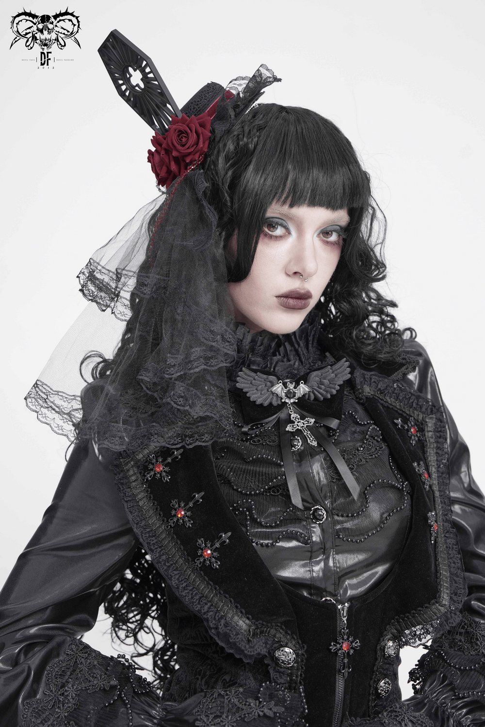 Goth Bat Wing Bow Brooch with Cross Pendant and Ribbon