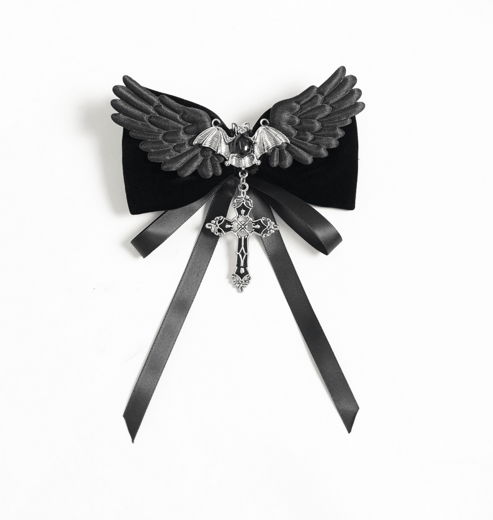 Goth Bat Wing Bow Brooch with Cross Pendant and Ribbon