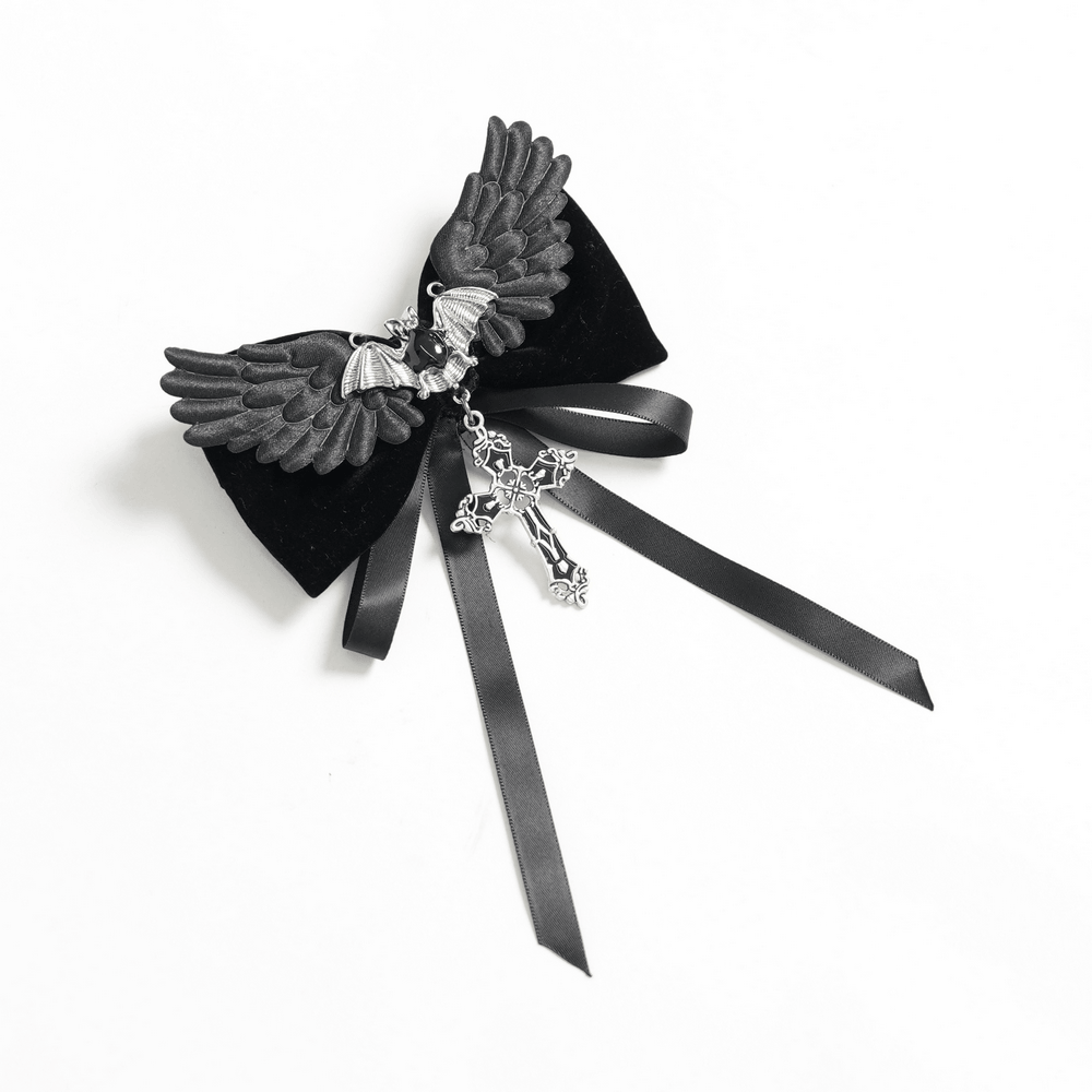 Goth Bat Wing Bow Brooch with Cross Pendant and Ribbon