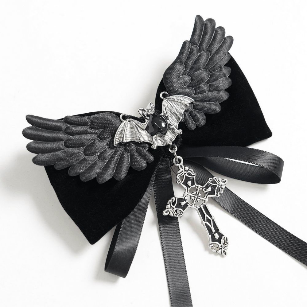 Goth Bat Wing Bow Brooch with Cross Pendant and Ribbon