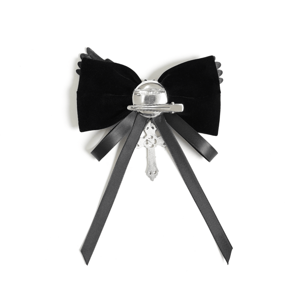 Goth Bat Wing Bow Brooch with Cross Pendant and Ribbon