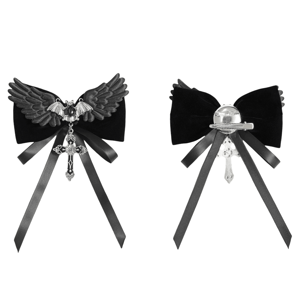 Goth Bat Wing Bow Brooch with Cross Pendant and Ribbon