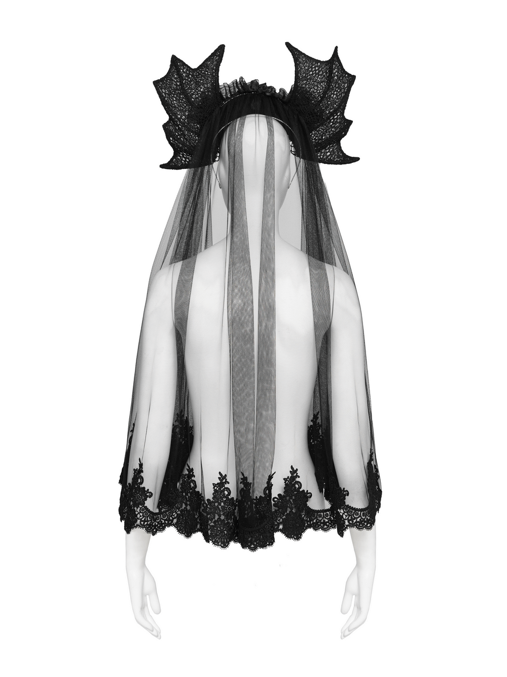 Goth Bat Wing Lace Veil Headpiece with Purple Roses featuring black tulle and lace details on mannequin.