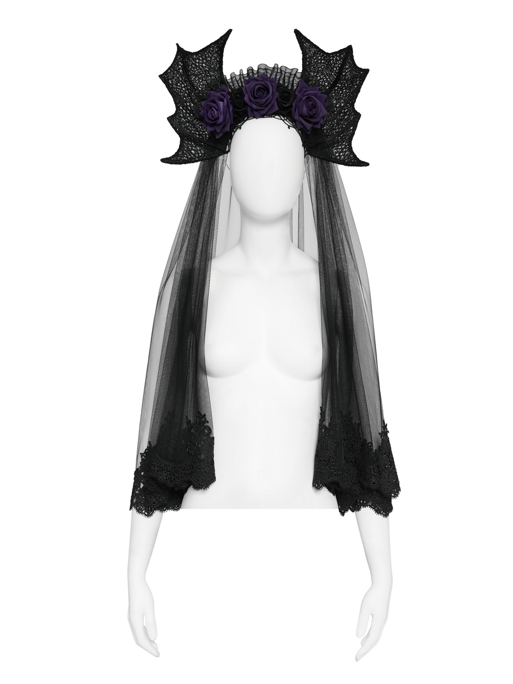 Goth Bat Wing Lace Veil Headpiece with Purple Roses featuring black tulle and ornate lace accents.