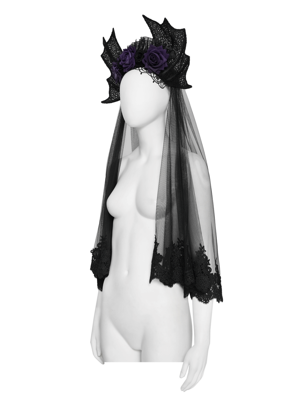 Goth Bat Wing Lace Veil Headpiece with Purple Roses showcasing intricate lace and black tulle, perfect for gothic style.