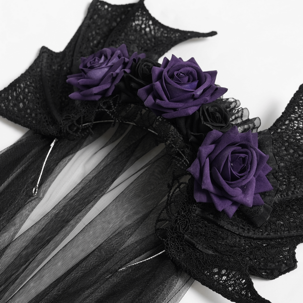 Goth Bat Wing Lace Veil Headpiece with Purple Roses featuring a lace crown and black tulle veil adorned with roses.