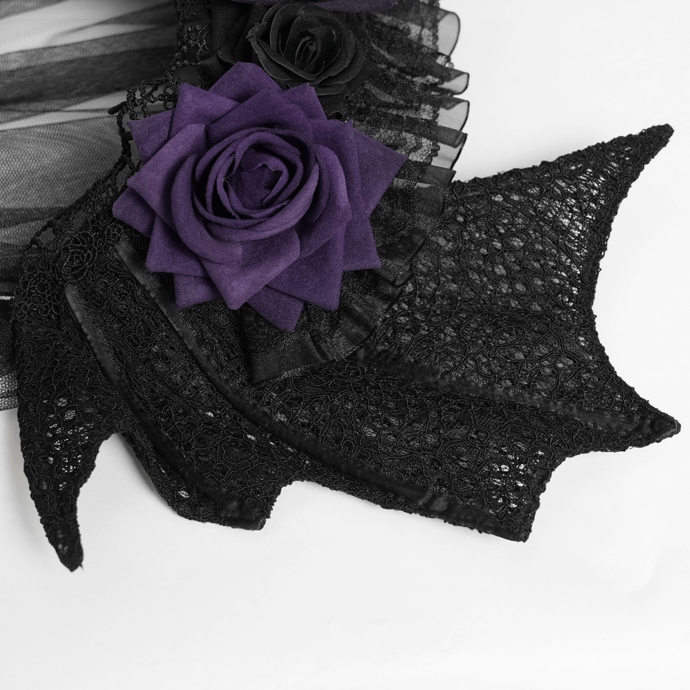 Goth Bat Wing Lace Veil Headpiece with Purple Roses featuring lace and purple roses details.