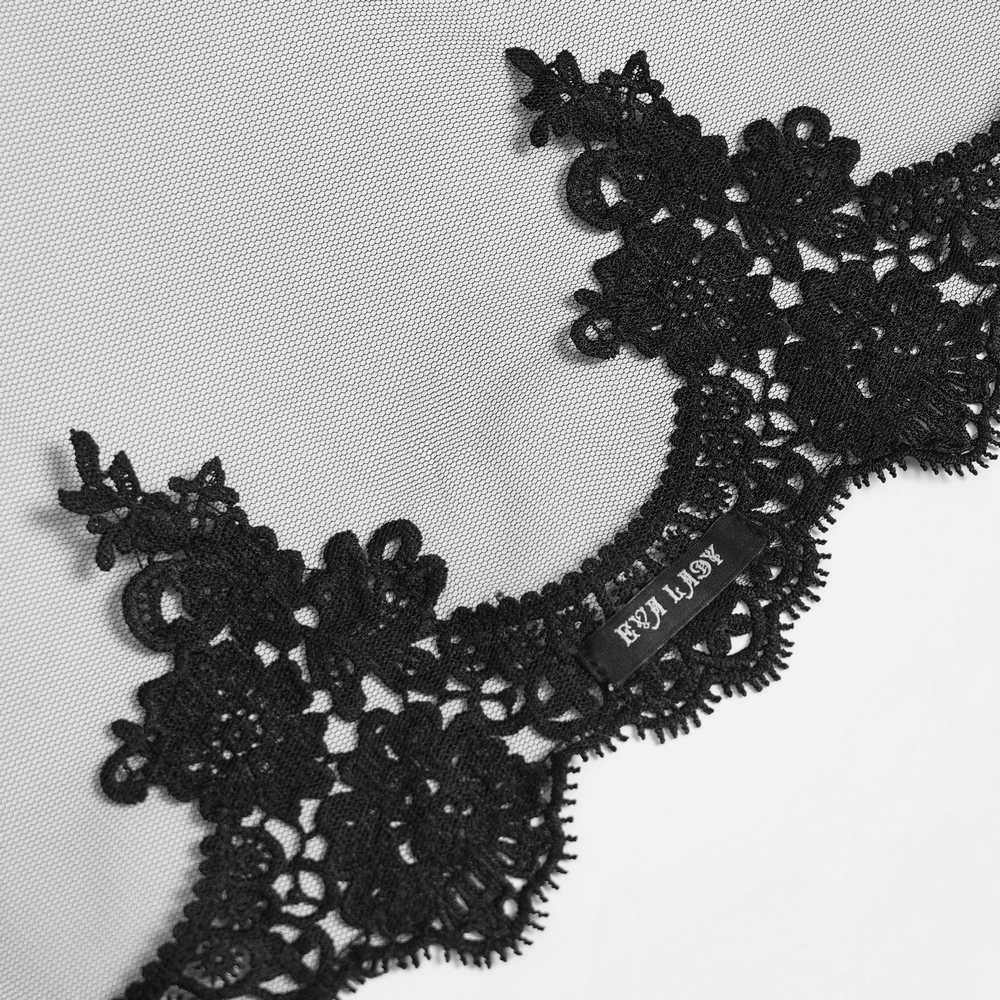 Close-up of intricate black lace edging for Goth Bat Wing Lace Veil Headpiece with Purple Roses.