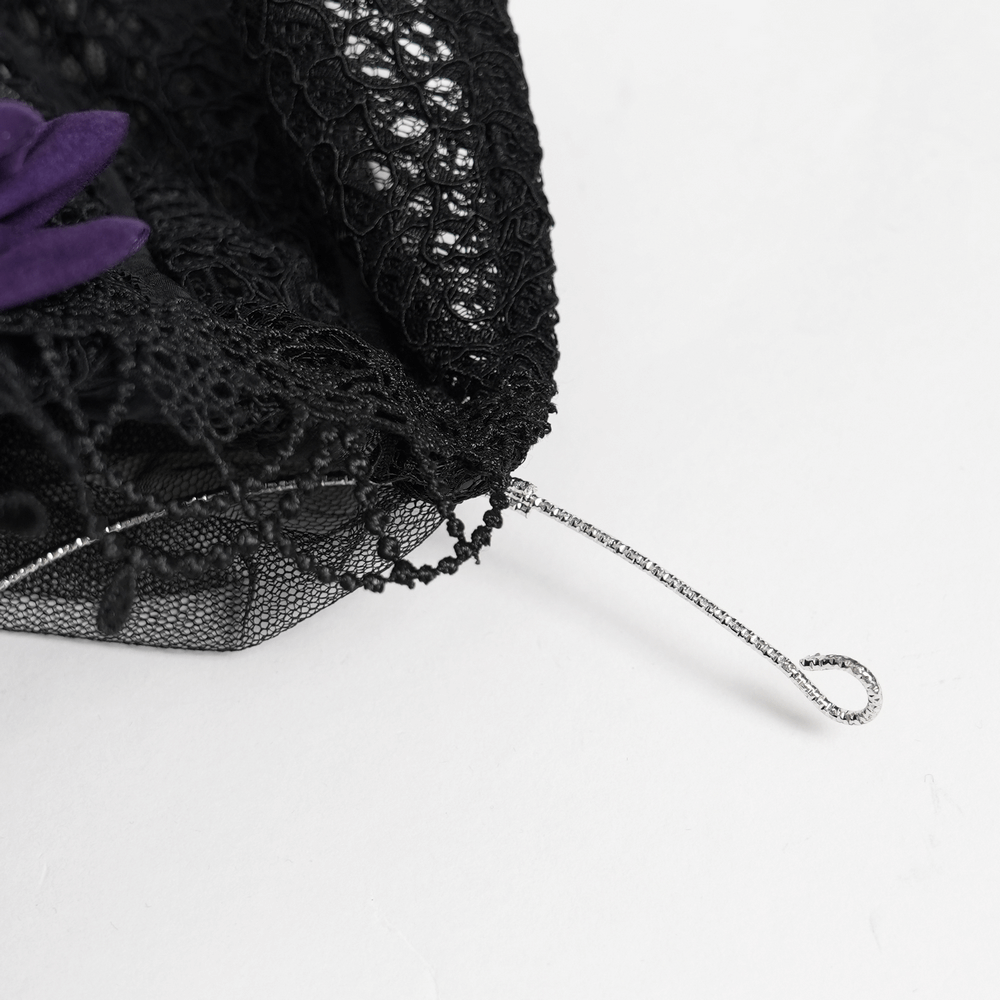 Goth Bat Wing Lace Veil Headpiece with Purple Roses showing intricate lace details and a black tulle edge.