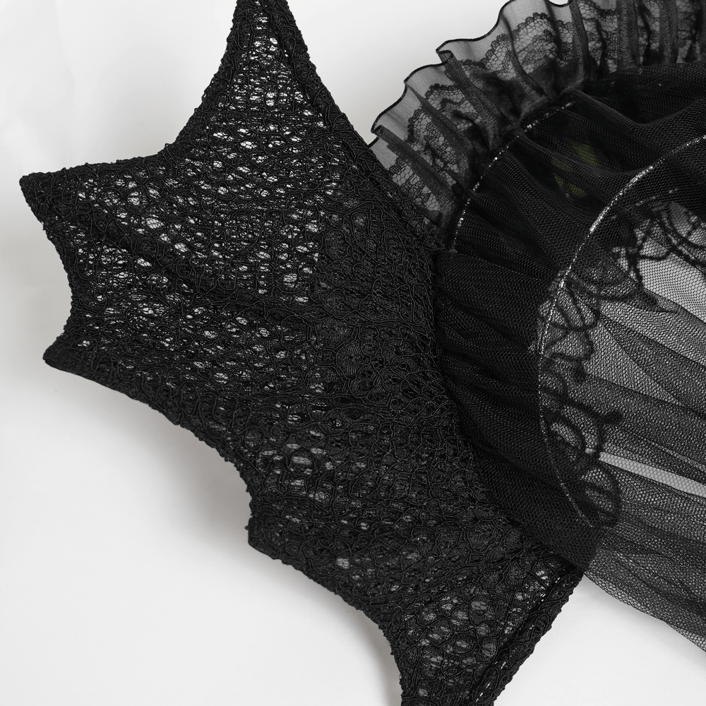 Goth Bat Wing Lace Veil Headpiece with Purple Roses detail featuring intricate lace and black tulle.