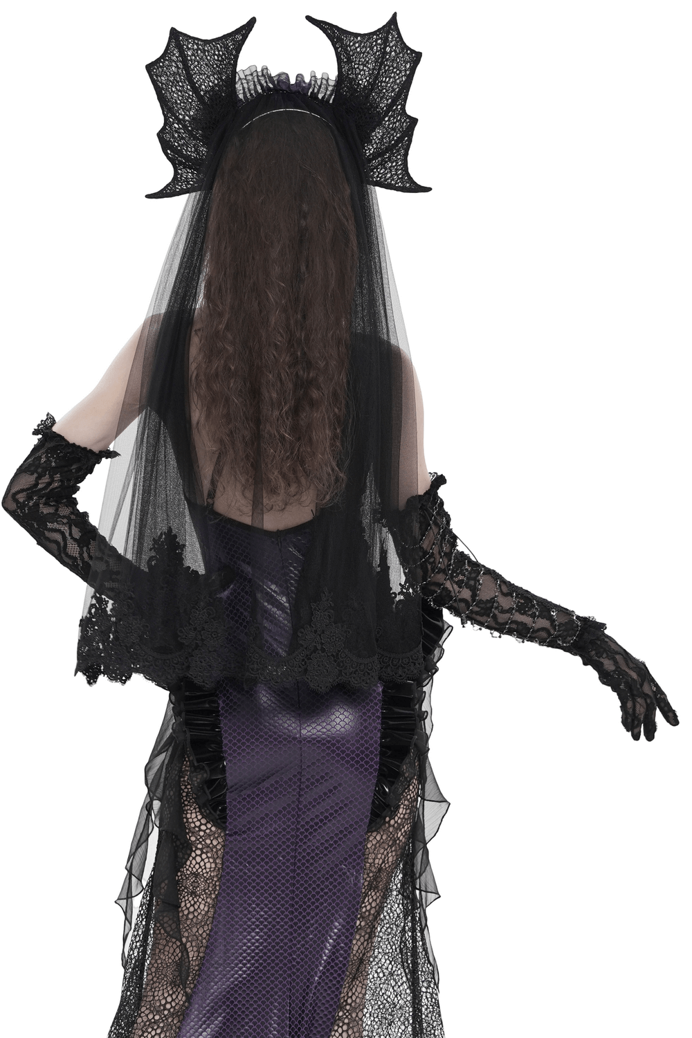 Goth Bat Wing Lace Veil Headpiece with Purple Roses displayed on a model showcasing the dramatic design and details.
